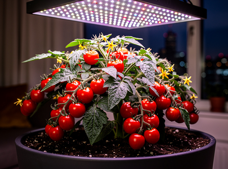 Compact cherry tomato plant with ripe red fruits growing under LED grow light