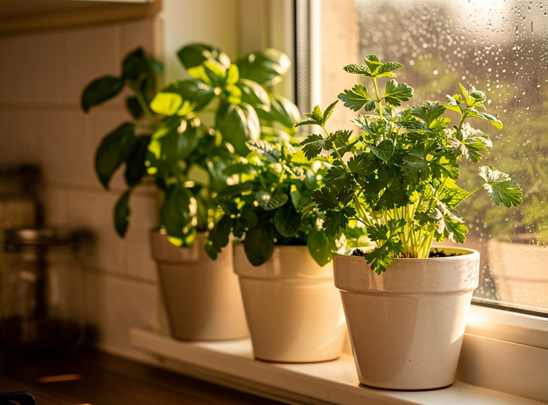 Fresh basil mint and parsley growing in pots on a sunny kitchen windowsill