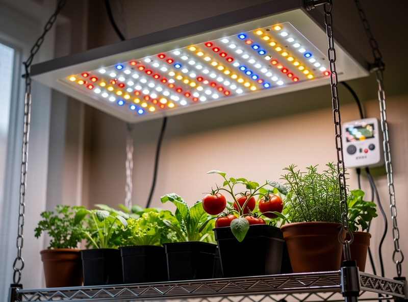 LED grow light panel above young vegetable seedlings on a growing shelf