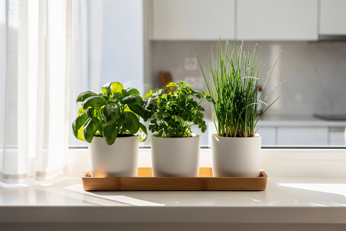 Modern white kitchen with a wooden window sill herb garden featuring potted basil, parsley, and chives in matching ceramic containers