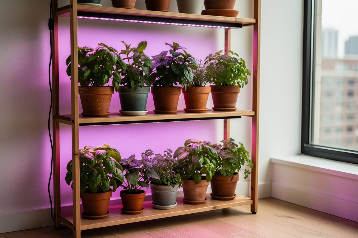 Multi-tier wooden shelf with full-spectrum LED grow lights illuminating rows of potted basil, mint, and parsley herbs