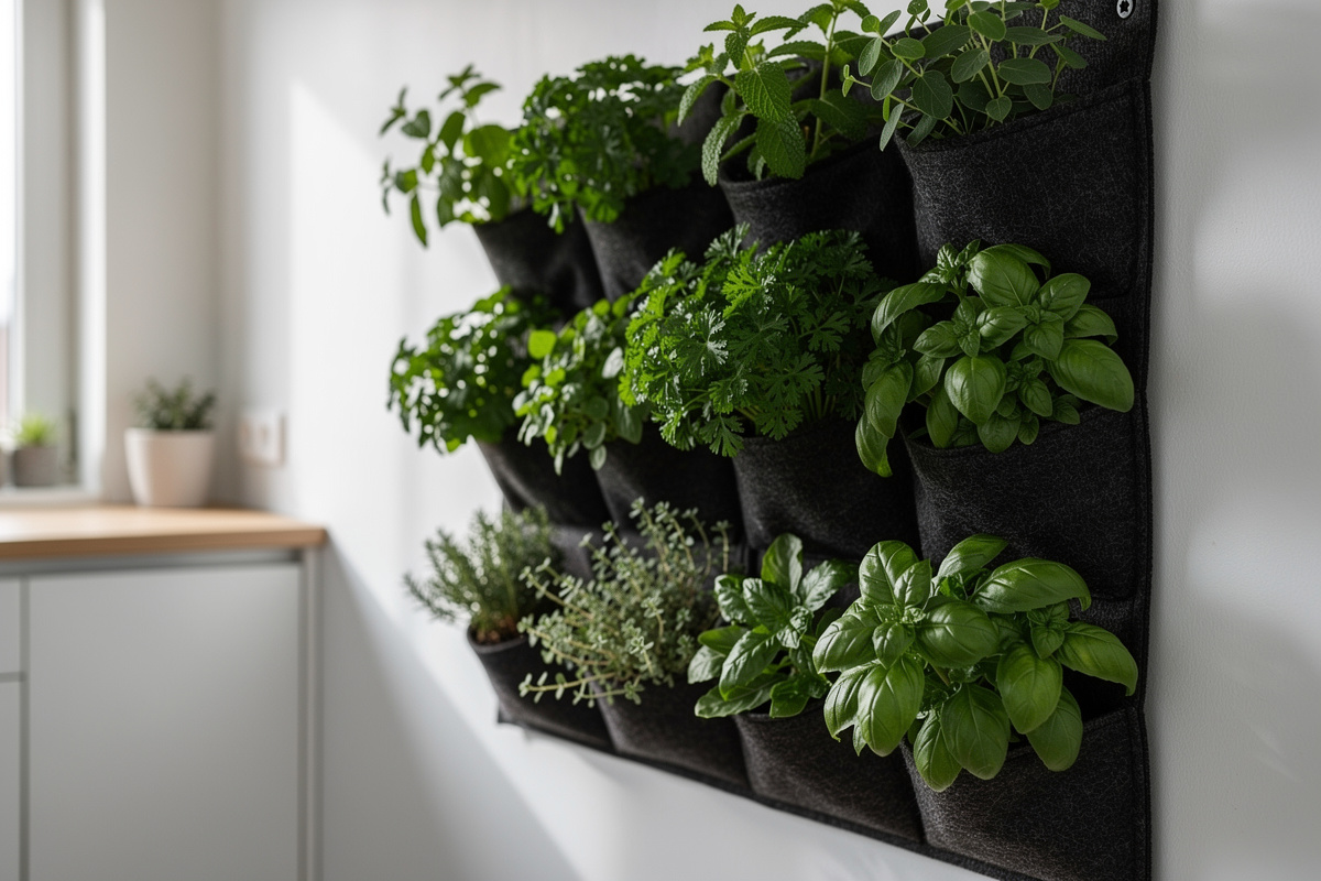 Wall-mounted vertical herb garden with multiple pocket planters holding mint, parsley, oregano, and basil in a modern apartment kitchen