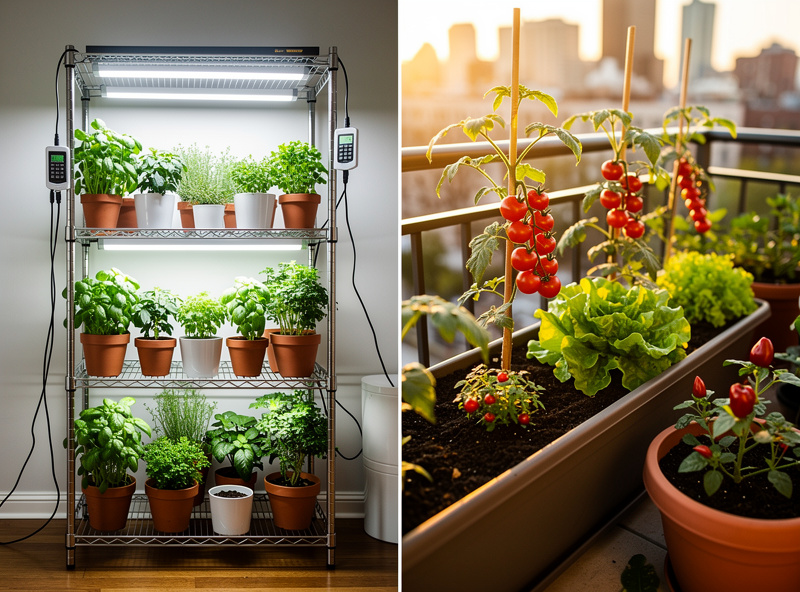 Side-by-side comparison of indoor grow light setup with herbs and sunny balcony with container vegetables