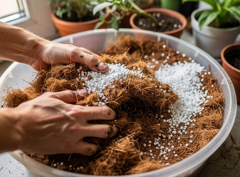 Hands mixing coco coir and perlite for houseplant soil