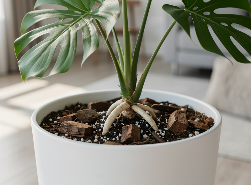 Repotted monstera in ceramic pot with fresh chunky soil mix