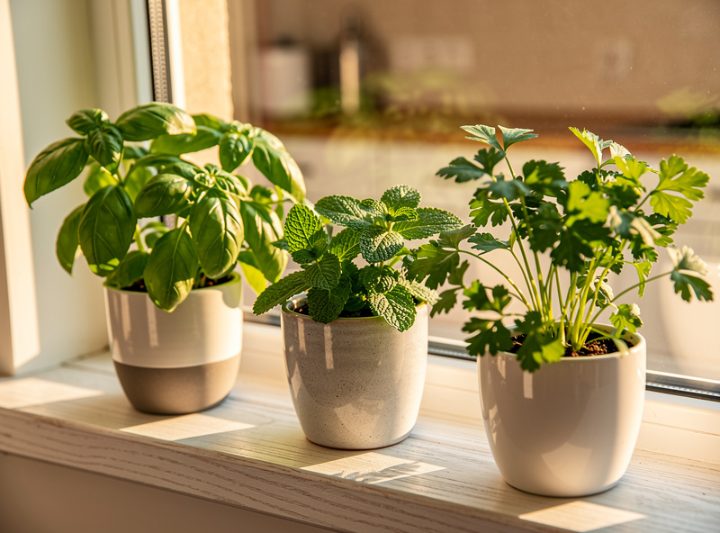 Lush indoor windowsill herb garden with small pots of basil, mint, and parsley on a bright kitchen windowsill with morning sunlight