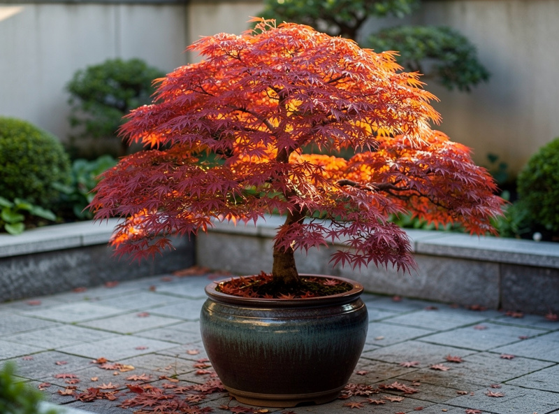 Japanese maple tree in a ceramic container on a stone patio with autumn foliage
