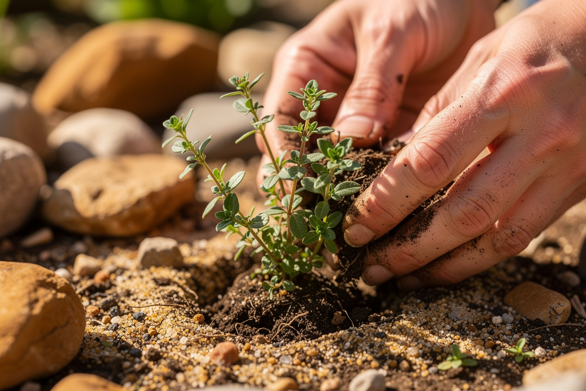 Young lemon thyme transplant being placed into a sunny rock garden bed with gritty well-drained soil in spring