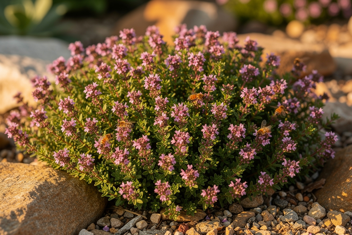 Mature lemon thyme plant in flower with small pink-purple blooms attracting bees in a sunny rock garden setting