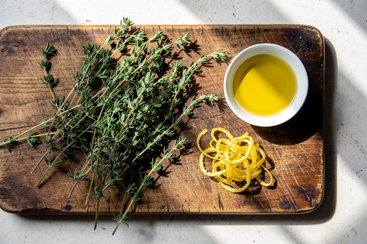Freshly harvested lemon thyme sprigs on a wooden cutting board next to a small dish of olive oil and lemon zest in a kitchen setting