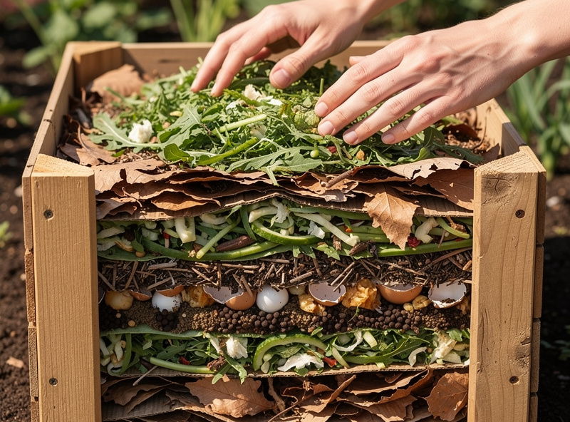 Building compost pile with alternating green and brown layers