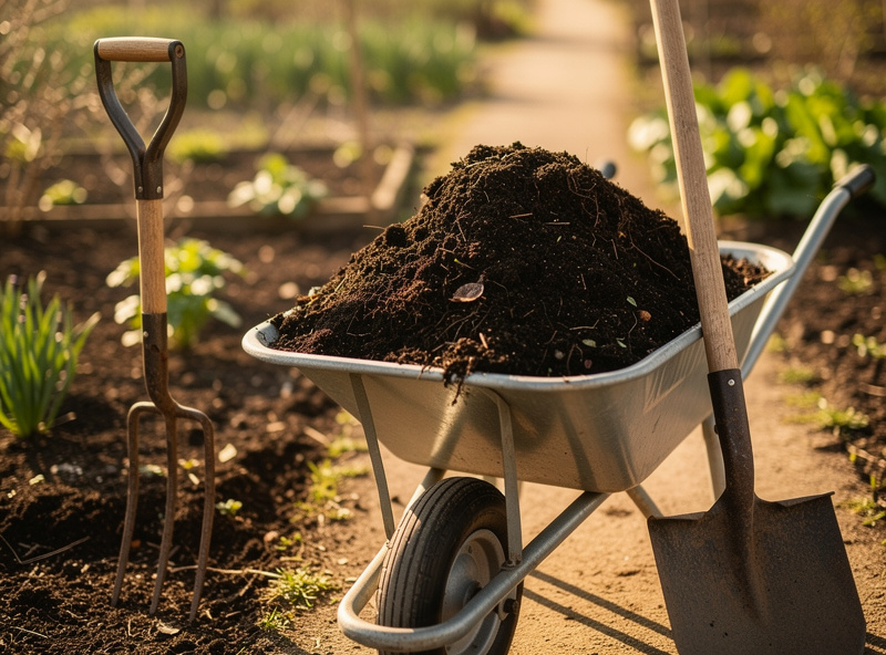 Finished dark rich compost in wheelbarrow