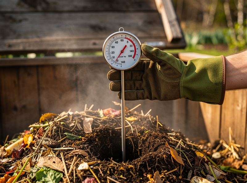 Compost thermometer showing 140F inside pile