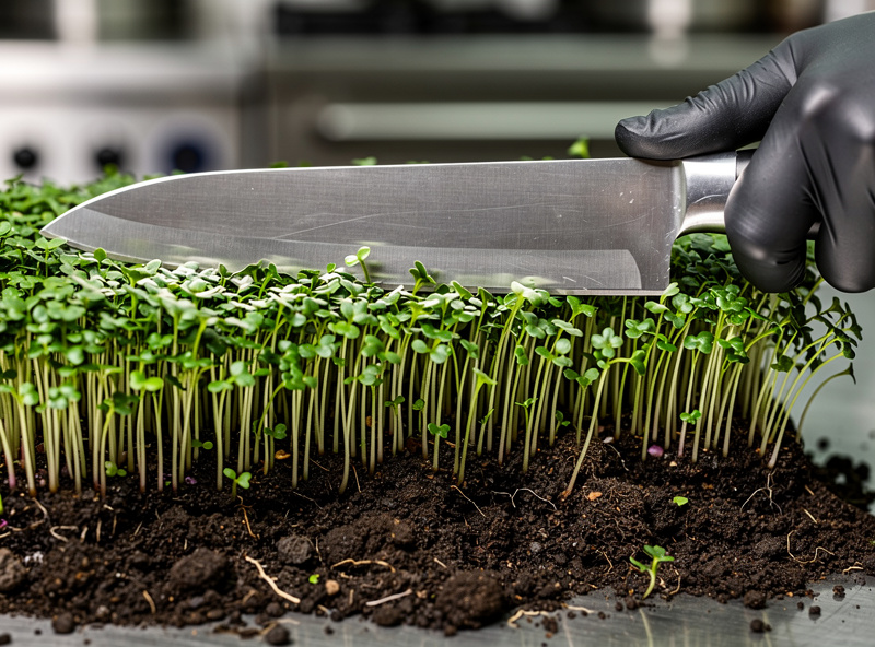 Chef knife harvesting microgreens parallel to soil