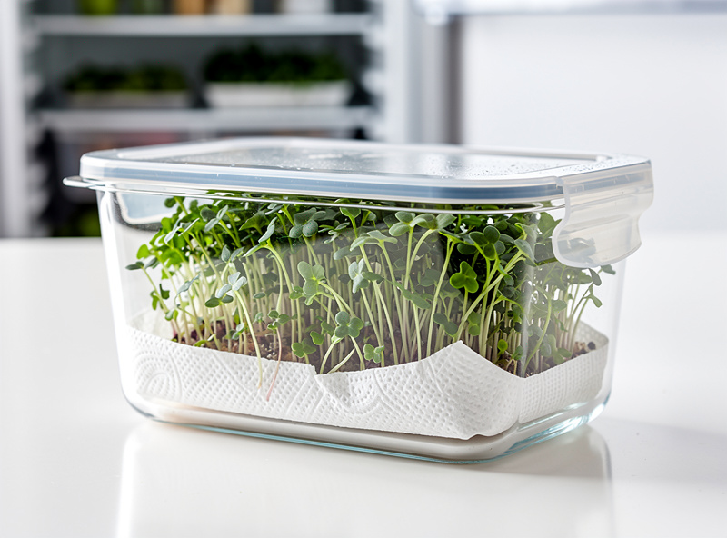 Glass container with paper towel storing microgreens