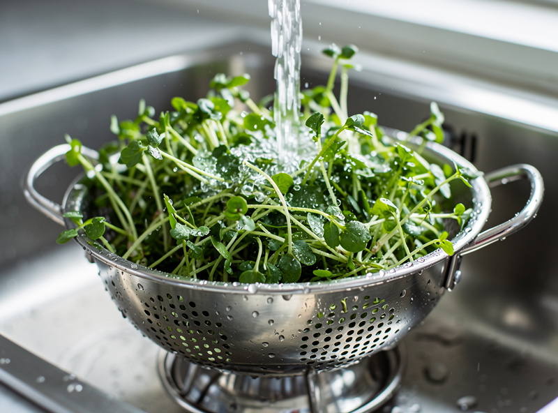 Microgreens rinsing under cool water in colander