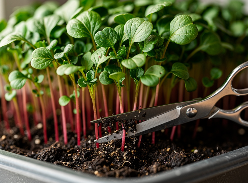 Radish microgreens at harvest stage with scissors cutting at soil line