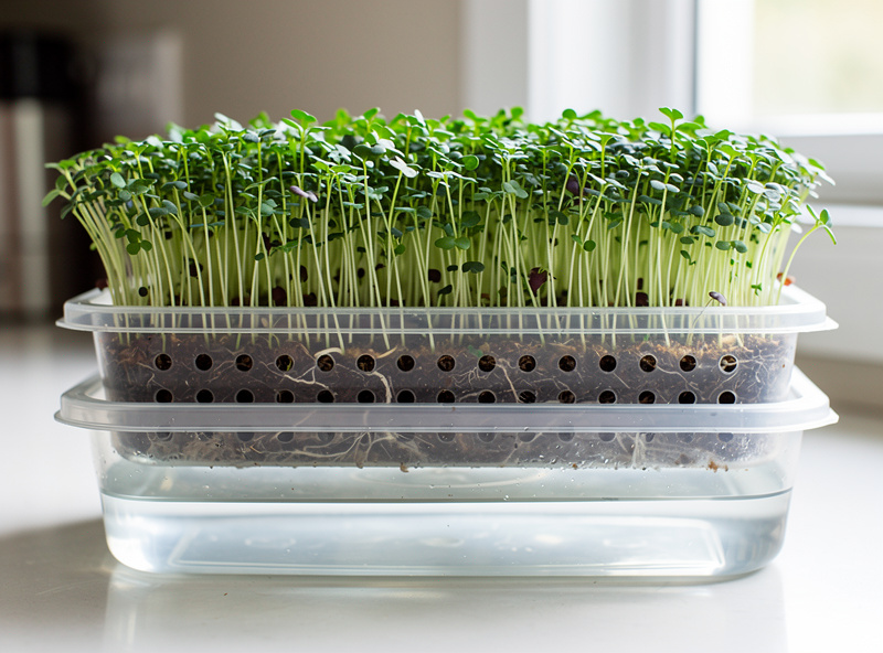 Bottom-watering setup with two stacked trays for microgreens