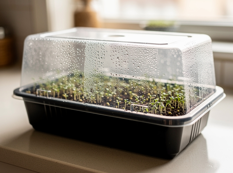Clear humidity dome over a microgreen tray
