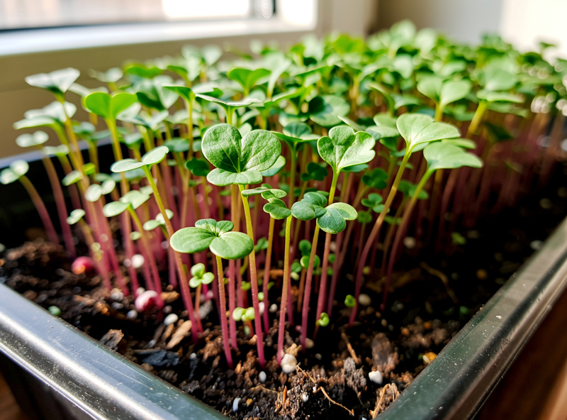 Radish microgreens growing in a black tray