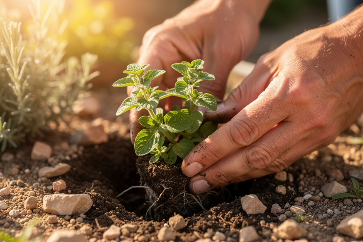 Young Greek oregano transplant being planted into a sunny Mediterranean herb bed with rocky well-drained soil in spring