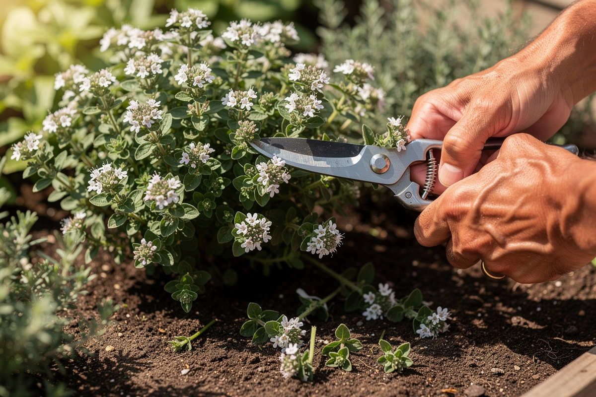 Mature flowering oregano plant with white flowers being trimmed back hard with garden shears mid-summer in a sunny herb bed