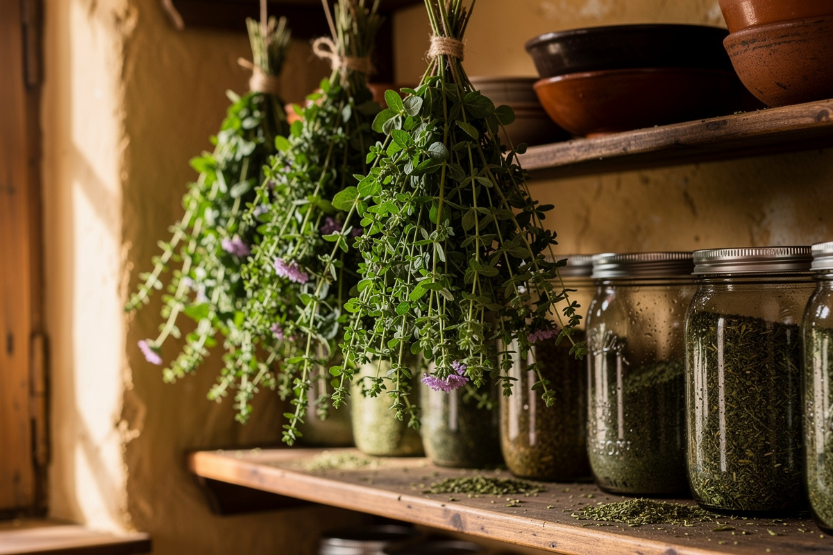 Bundles of fresh-harvested oregano hanging upside down to dry in a kitchen pantry next to glass jars of finished dried oregano