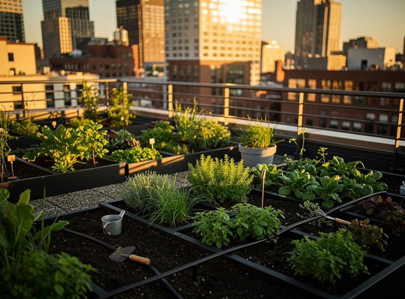 Outdoor rooftop urban garden with raised beds and containers growing vegetables, city skyline in the background at golden hour