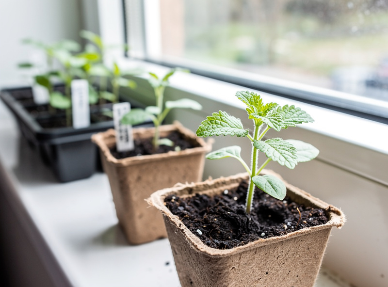 Catnip seedlings in starter pots on windowsill with small green serrated leaves
