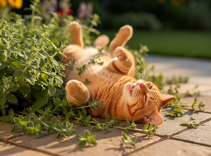 Orange cat rolling playfully in garden catnip patch outdoors