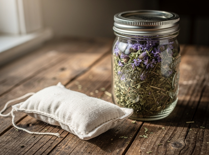 Dried catnip in glass jar next to handmade fabric cat toy on wooden table