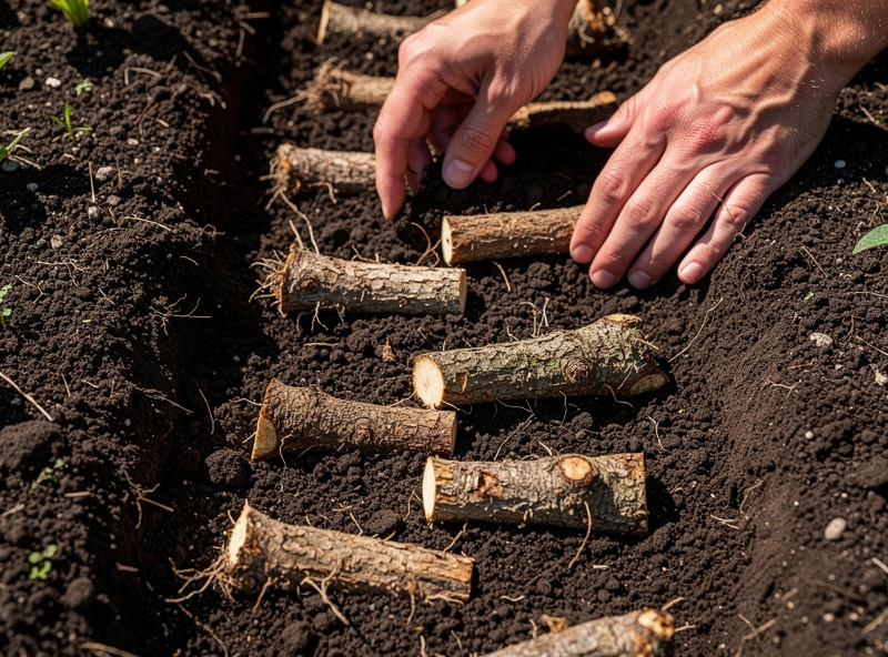 Comfrey root cuttings being planted horizontally in garden soil