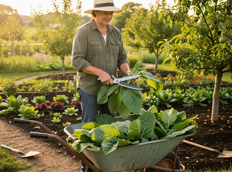 Gardener harvesting comfrey leaves with hedge shears into wheelbarrow