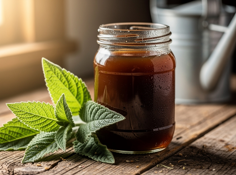 Dark brown comfrey liquid fertilizer tea in glass jar next to fresh leaves