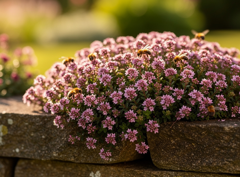 Established creeping thyme mat in full bloom cascading over stone garden wall with bees
