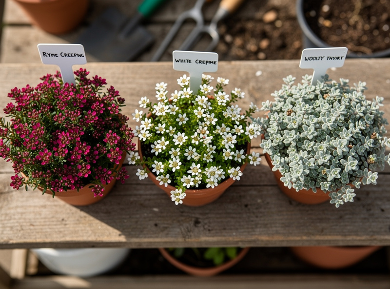 Three creeping thyme varieties compared in pots showing red white and woolly types