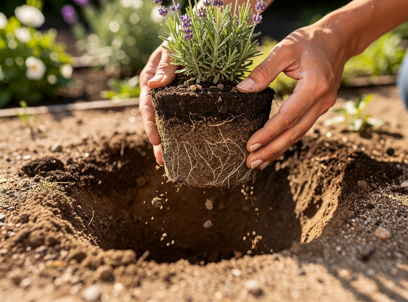 Hands placing English lavender root ball into prepared planting hole with crown above soil line