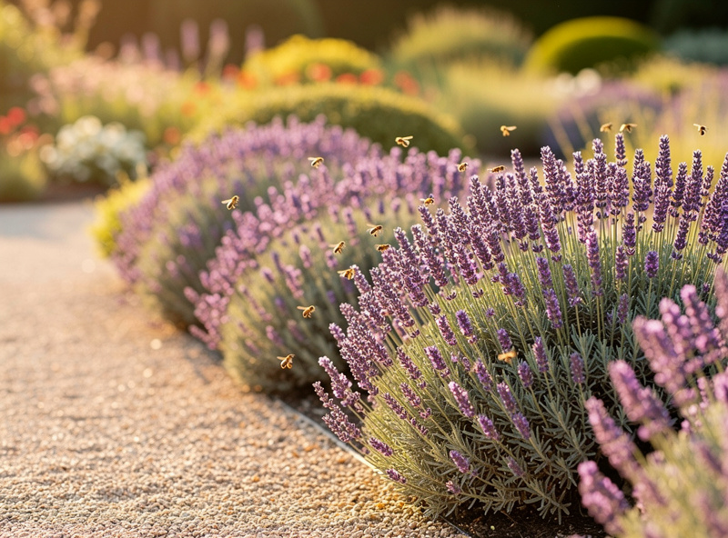 Row of established English lavender Munstead in full bloom along garden pathway with bees