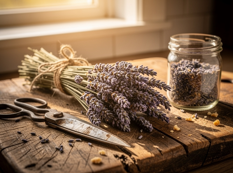 Dried English lavender stems bundled with twine and harvested buds in glass jar