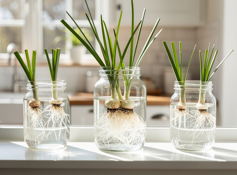 Lemongrass stalks rooting in glass jar of water on kitchen windowsill with white roots visible