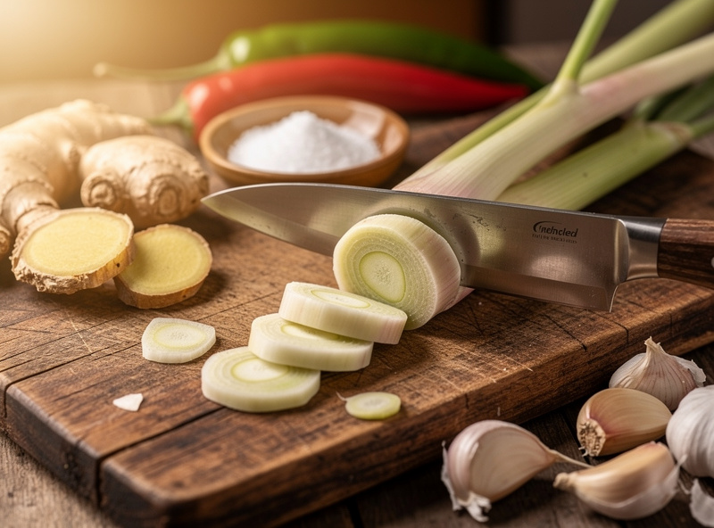 Fresh lemongrass stalks being sliced on cutting board showing tender white inner core
