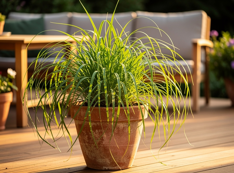 Lemongrass growing in large terracotta pot on sunny patio deck