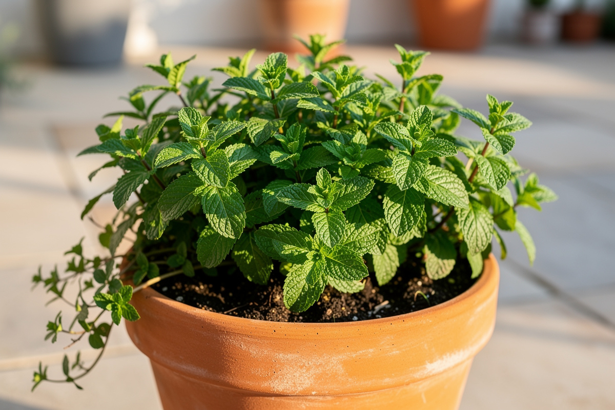 Peppermint plant growing in a large terracotta container on a patio with bright green leaves catching morning sunlight