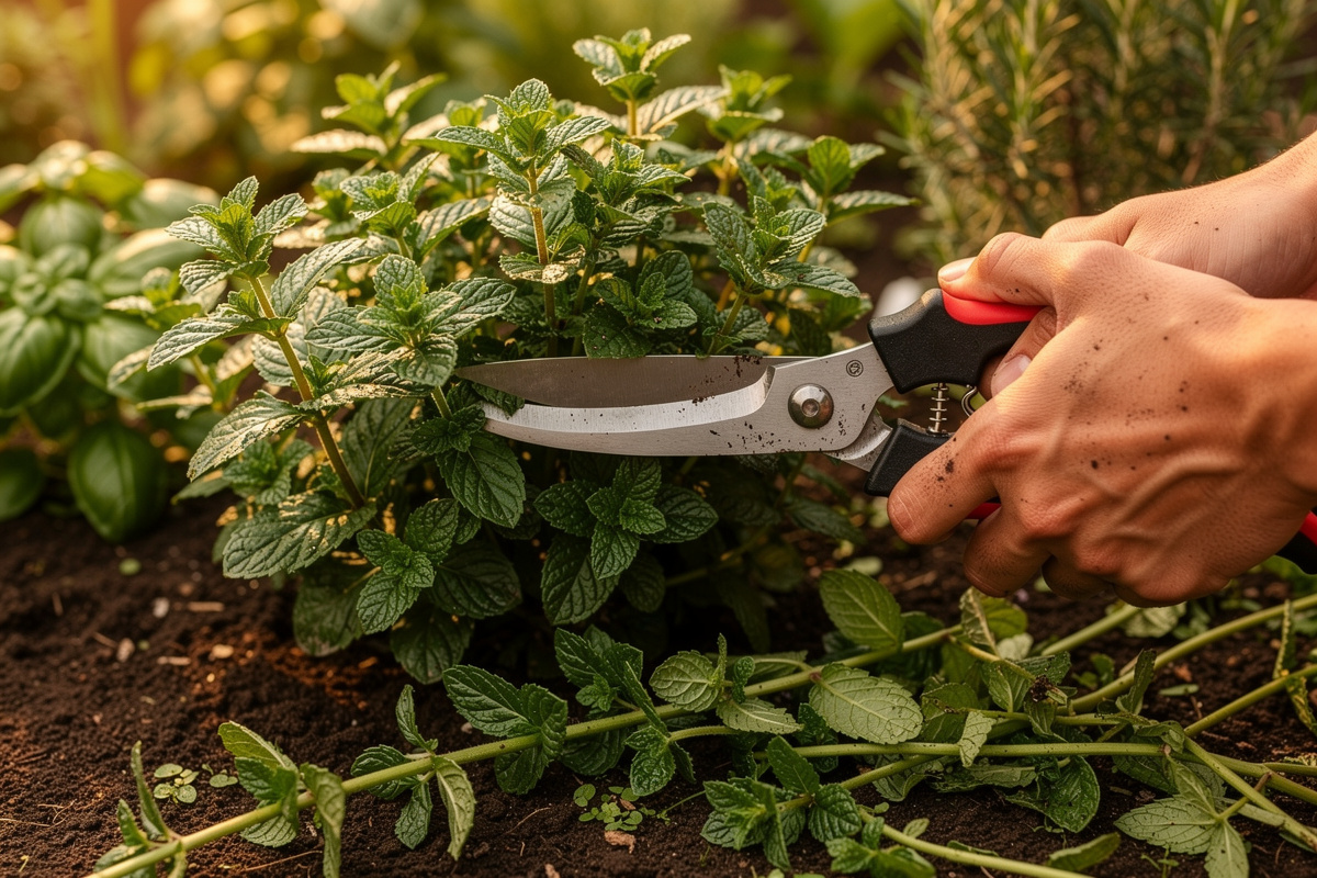 Peppermint stand being trimmed back hard with garden shears in midsummer to encourage fresh leaf production