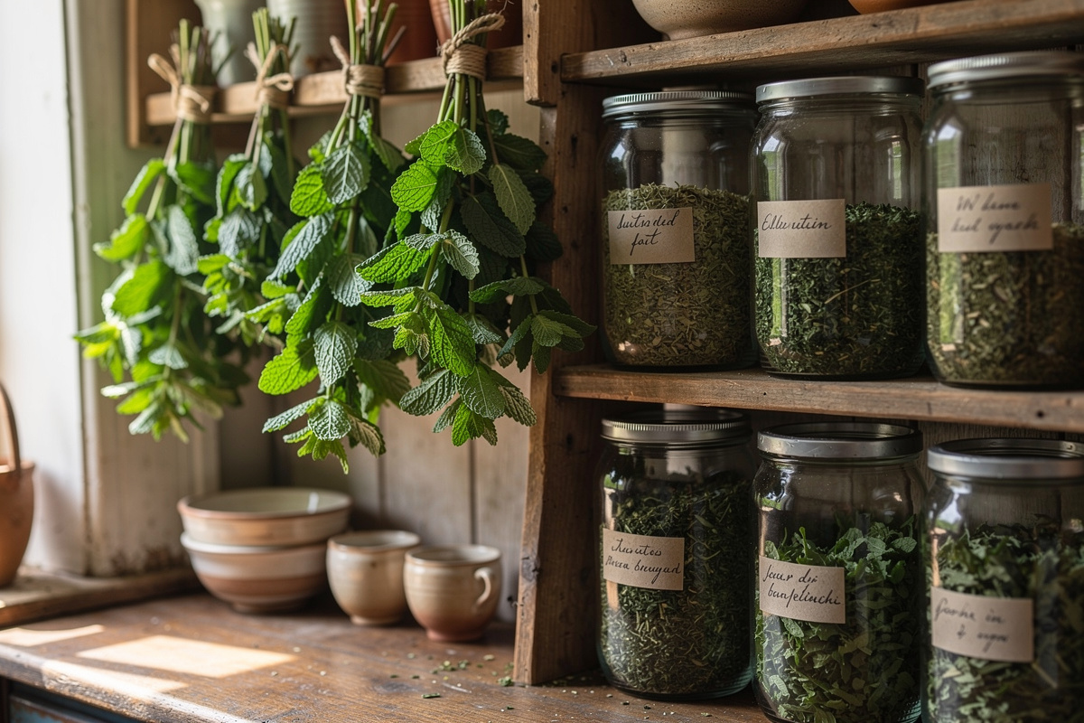 Bundles of fresh peppermint hanging upside down to dry in a kitchen pantry next to glass jars of dried mint leaves