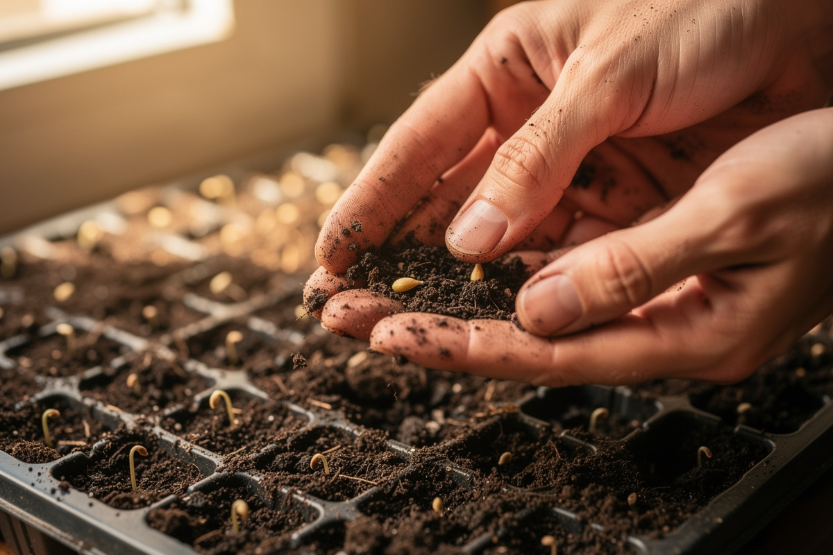 Hands planting tomato seeds into seed starting cells filled with sterile seed starting mix
