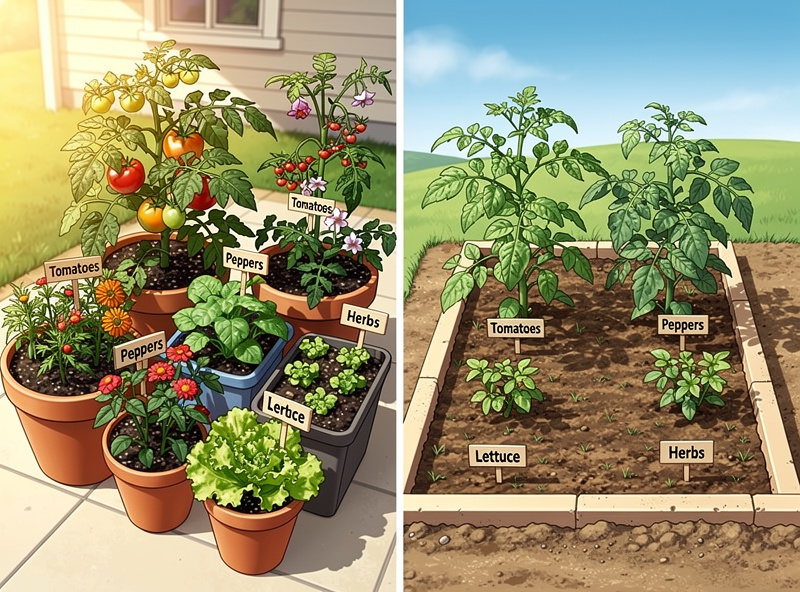 Container garden using potting soil versus in-ground garden