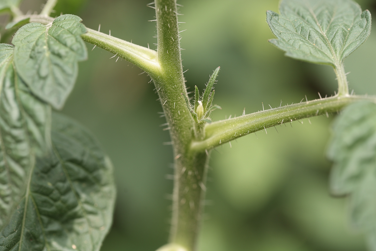 Detailed close-up showing where a tomato sucker grows in the V-shaped axil between the main stem and a leaf branch