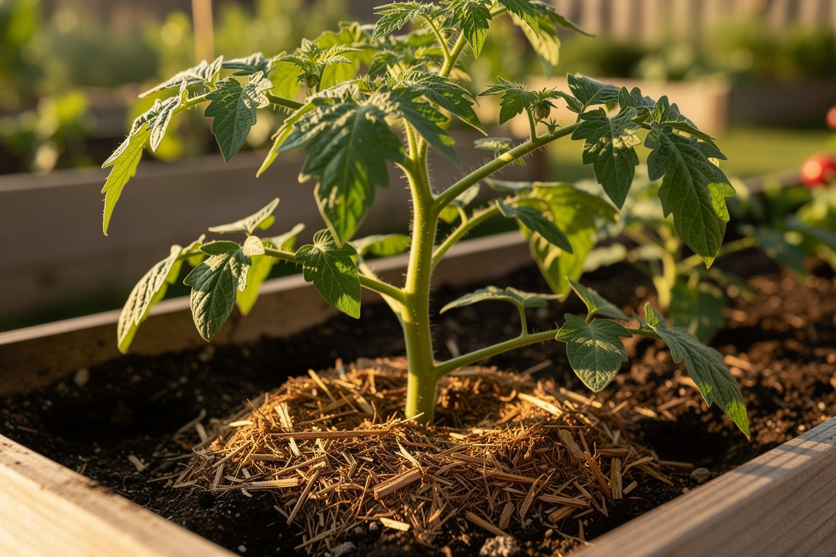 Tomato plant with the bottom 12 inches of leaves stripped away for airflow, clean stem visible from soil to first leaf branches