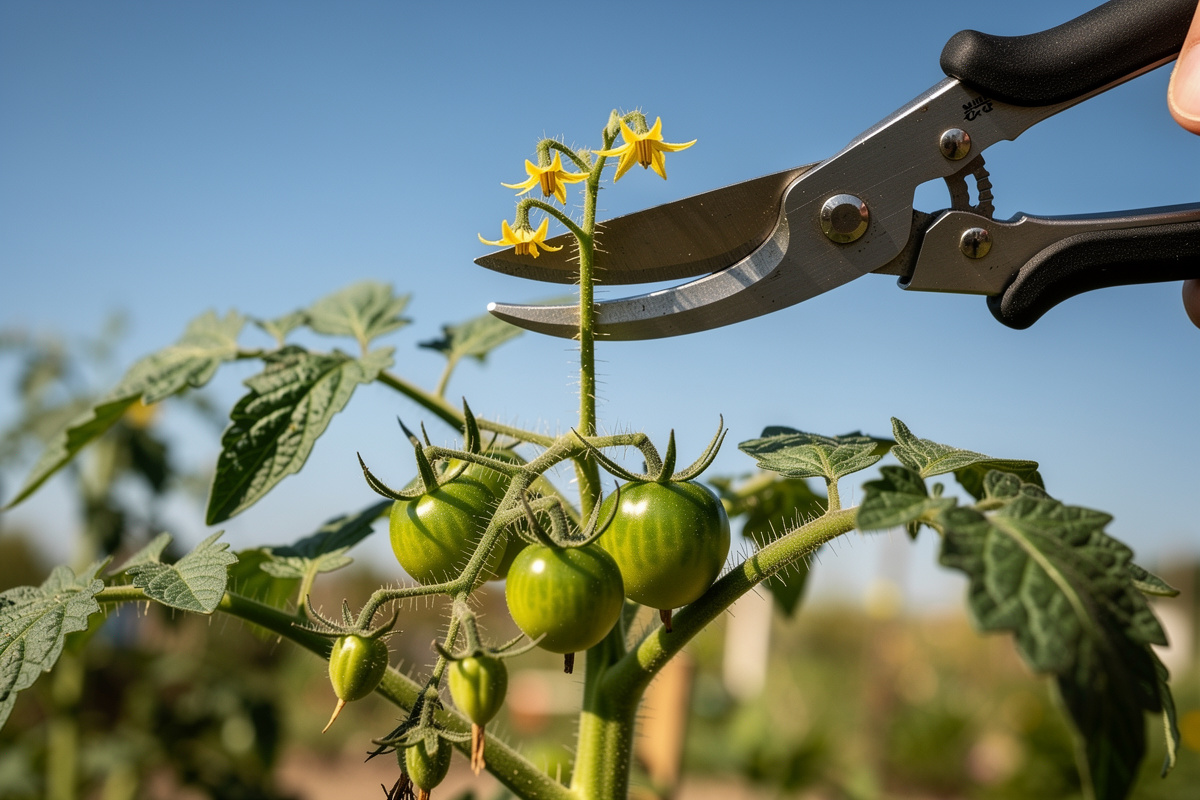 Top of a tall indeterminate tomato plant being topped in late summer with garden pruners cutting the main growing tip